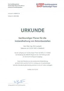 Urkunde Sachkundiger Planer für die Instandhaltung von Betonbauteilen